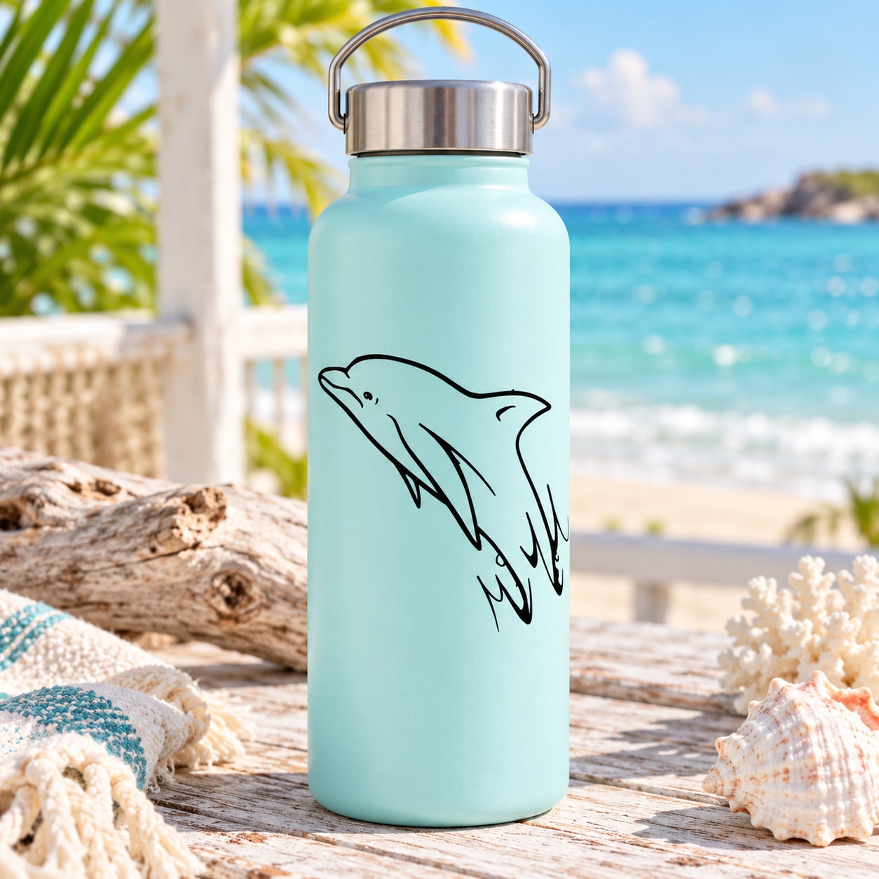 Aqua water bottle with dolphin splashing from water decal
