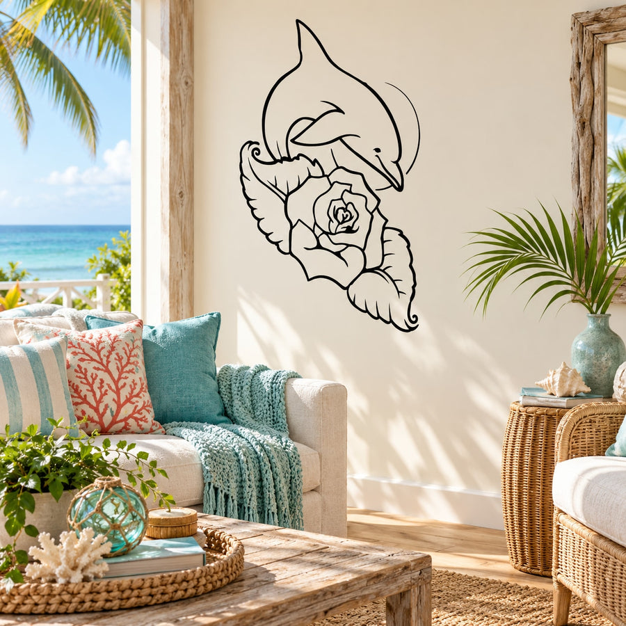 Black line-art dolphin with rose and moon wall decal