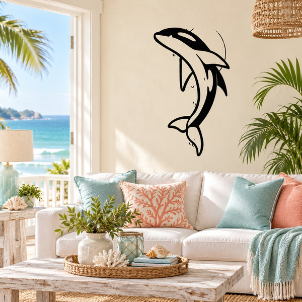 Black dolphin and crescent moon wall decal, decorative marine animal graphic