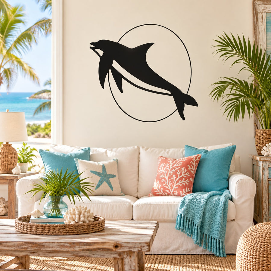 Dolphin and moon wall decal with a black dolphin silhouette in a white circle