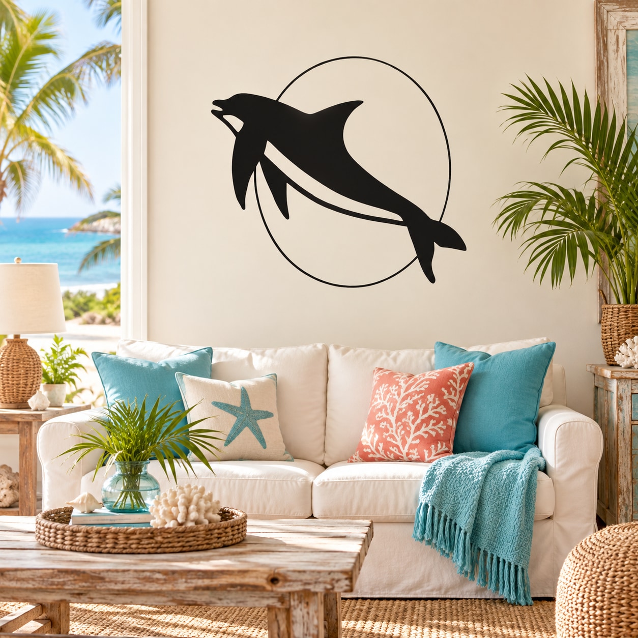 Dolphin and moon wall decal with a black dolphin silhouette in a white circle