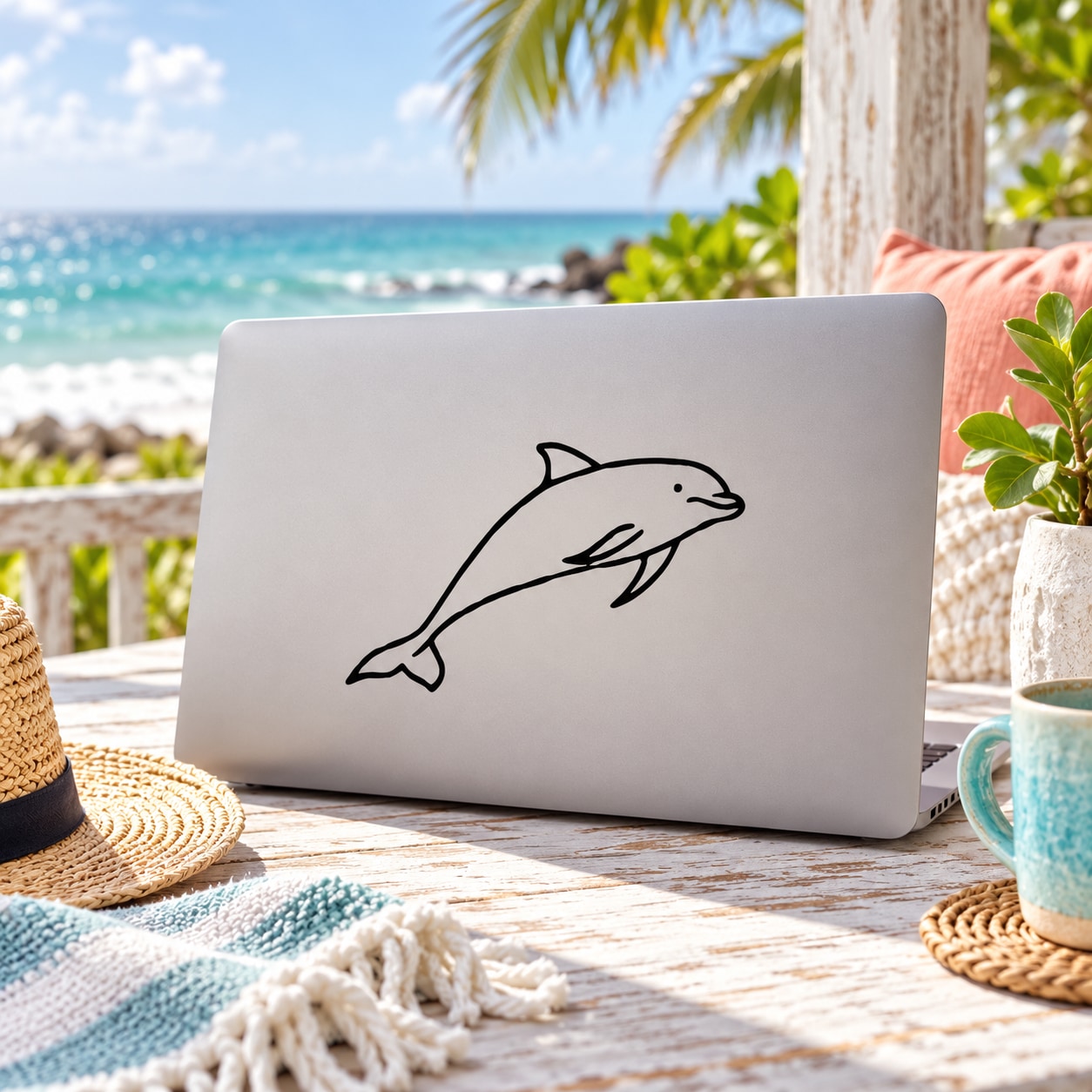 Curious dolphin line-art decal on a laptop screen