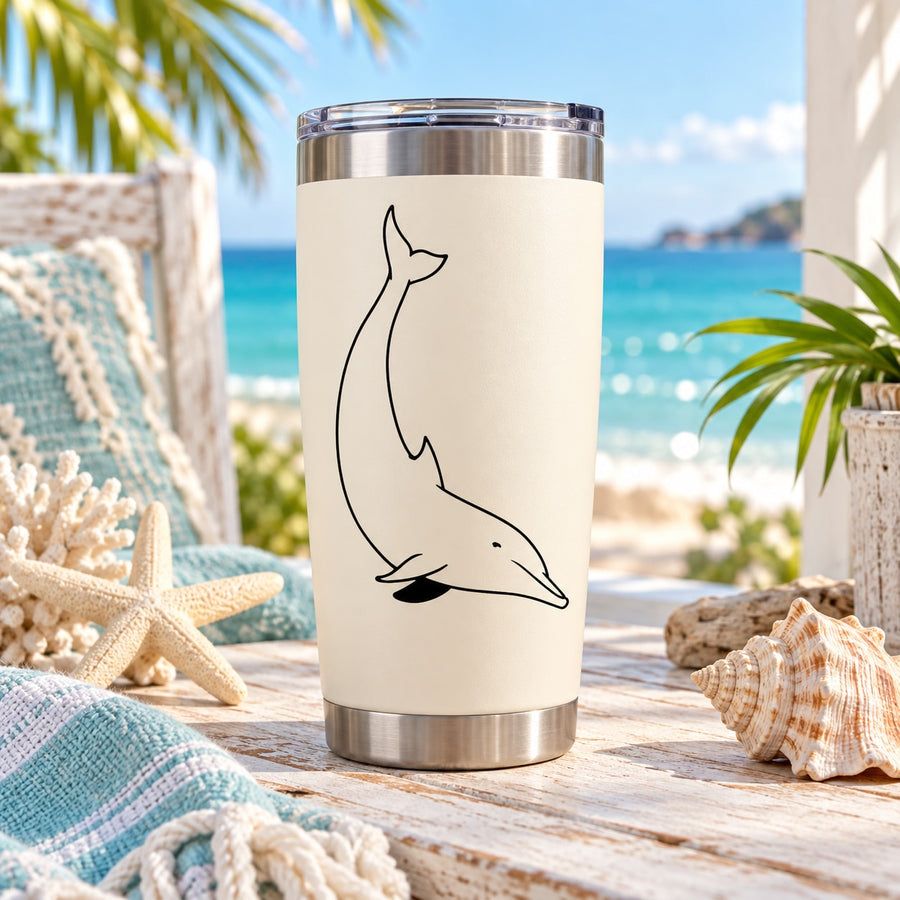 Stainless tumbler with playful dolphin decal, white body and silver rim
