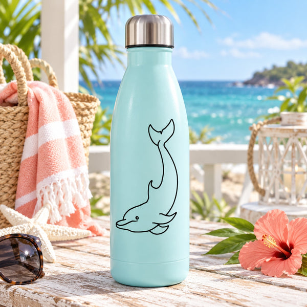 Dolphin diving decal, black outline line-art on light blue bottle