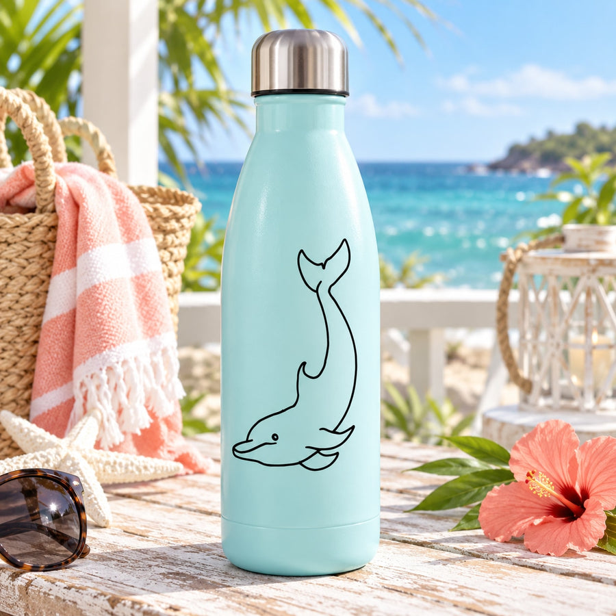 Dolphin diving decal, black outline line-art on light blue bottle