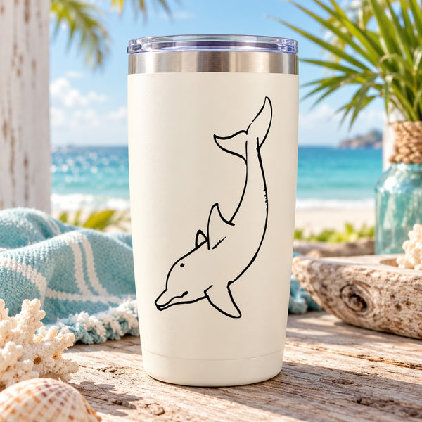 Dolphin fishing decal, black outline on white tumbler