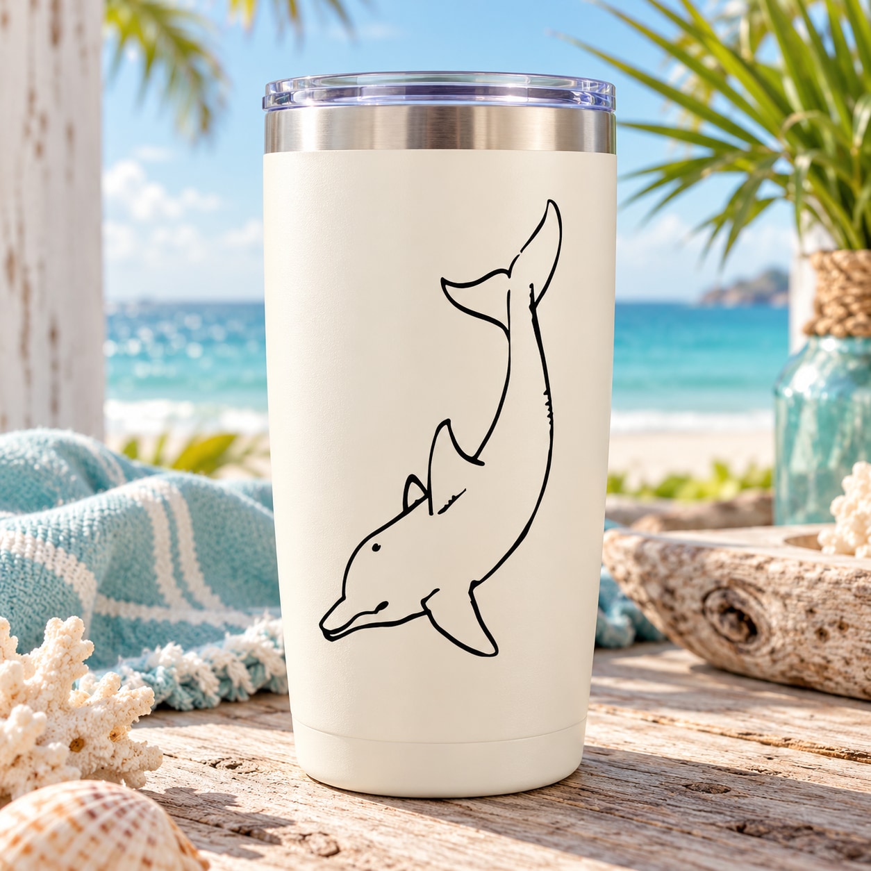 Dolphin fishing decal, black outline on white tumbler