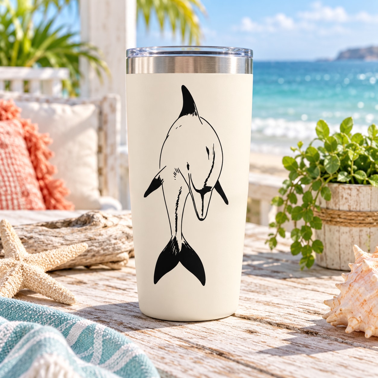 White tumbler with black dolphin decal on front