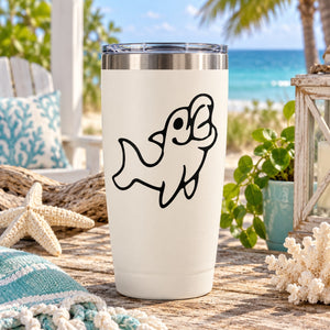 Stainless steel tumbler with black dolphin decal on white cup