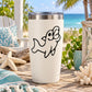 Stainless steel tumbler with black dolphin decal on white cup