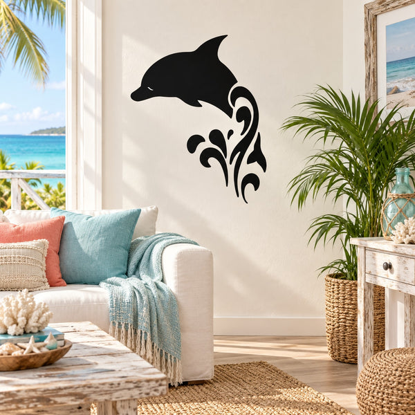 Black dolphin wall decal with ornamental tribal swirls