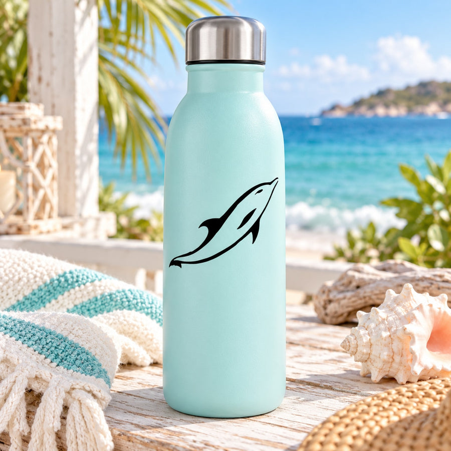 Turquoise water bottle with black dolphin swimming decal on the front