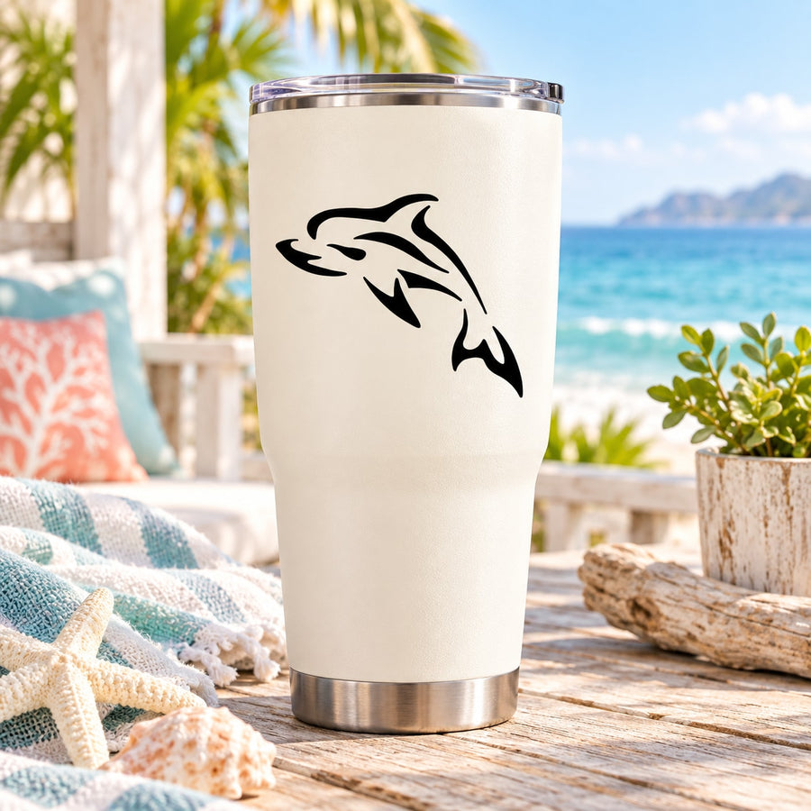 White tumbler with black tribal dolphin decal