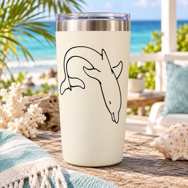 Insulated tumbler with dolphin diving line-art decal, stainless top