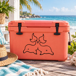 Twin dolphin decal: black twin dolphins on an orange cooler