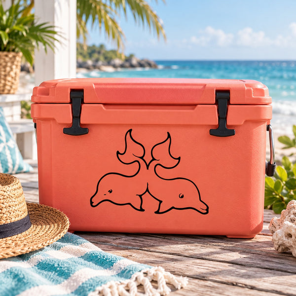 Twin dolphin decal: black twin dolphins on an orange cooler