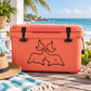 Twin dolphin decal: black twin dolphins on an orange cooler