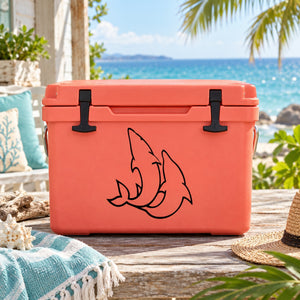 Dolphin tricks decal in black on the front of an orange cooler