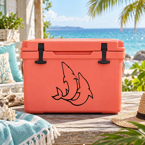 Dolphin tricks decal in black on the front of an orange cooler