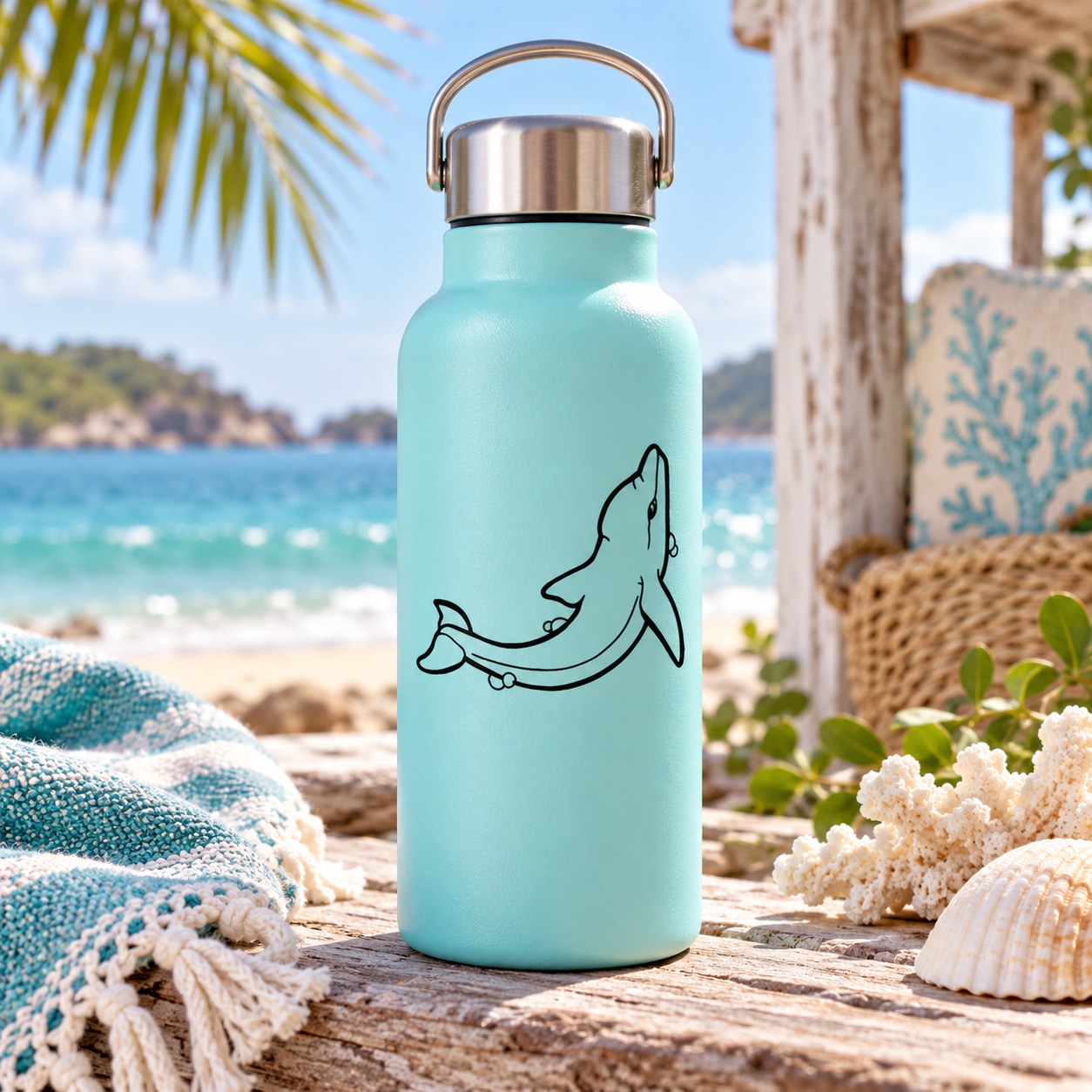 Turquoise bottle with black dolphin and bubbles looking up decal