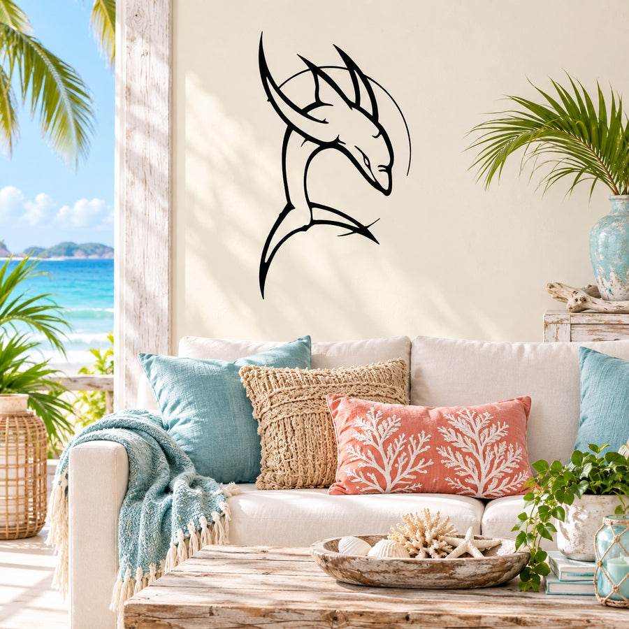 Black dolphin diving decal with sharp fin and tail line art