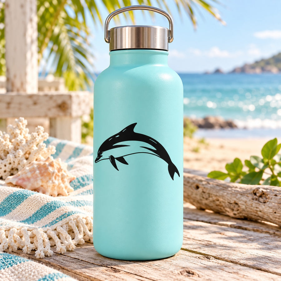 Turquoise water bottle with black dolphin decal, flip-top lid and carry handle