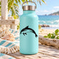 Turquoise water bottle with black dolphin decal, flip-top lid and carry handle