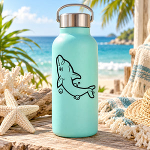 Kids water bottle with teal finish, metal handle lid, dolphin with bubbles decal