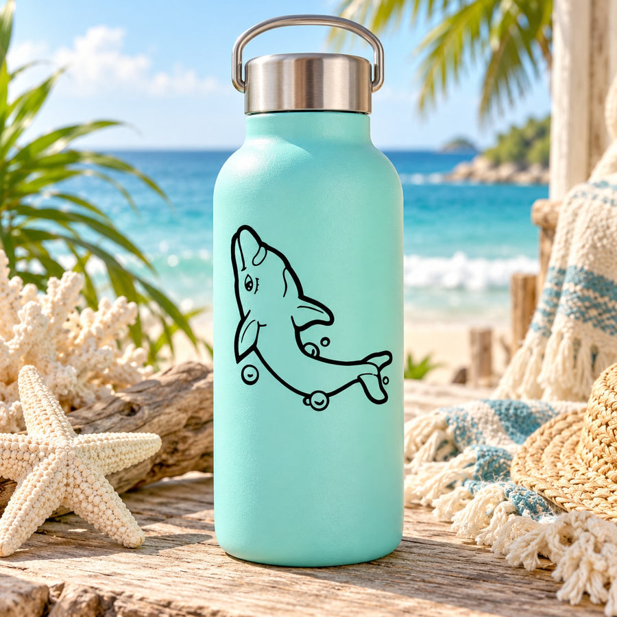 Kids water bottle with teal finish, metal handle lid, dolphin with bubbles decal
