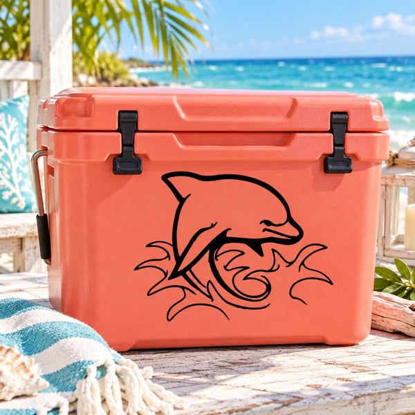 Splashing dolphin decal on orange hard cooler lid, black outline