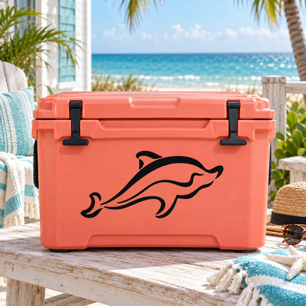 Black dolphin decal on orange hard cooler lid