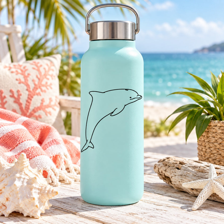 Dolphin outline swim decal on light blue water bottle