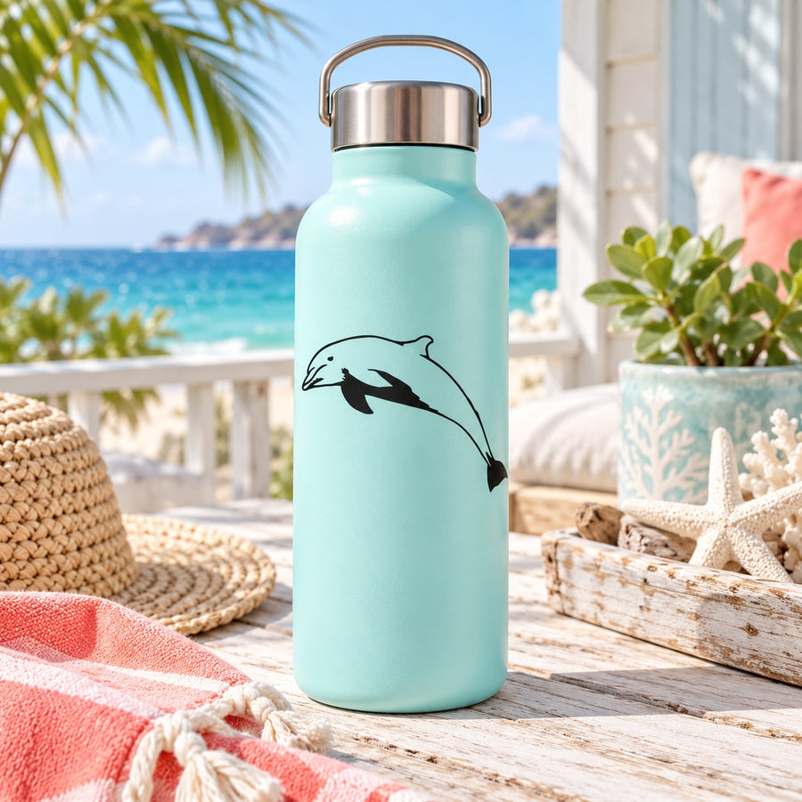 Aqua water bottle with side-profile dolphin decal