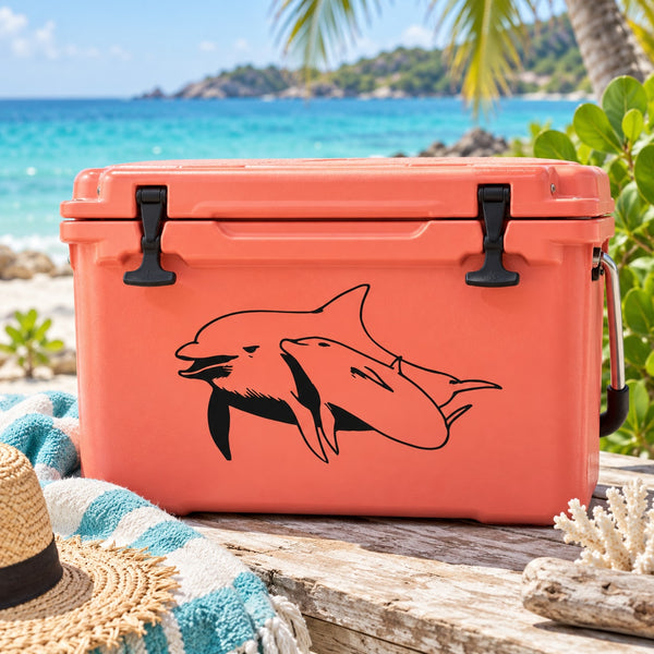 Dolphin and calf vinyl decal, black dolphin figures on orange cooler