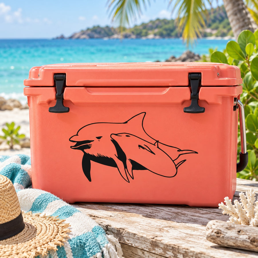 Dolphin and calf vinyl decal, black dolphin figures on orange cooler