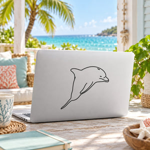 Dolphin line-art decal with black outline on white rectangular background