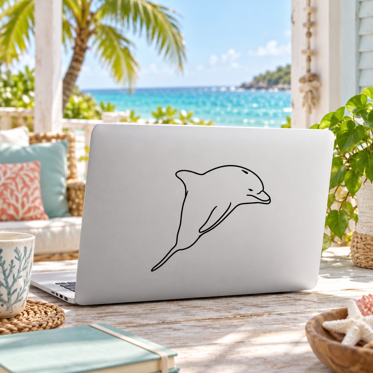 Dolphin line-art decal with black outline on white rectangular background
