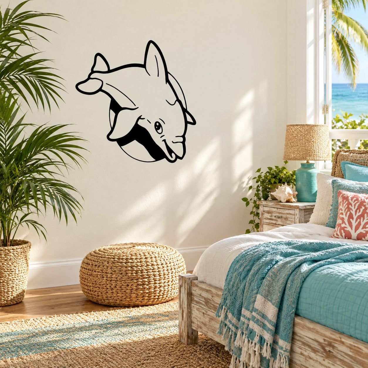 Kids dolphin swimming wall decal with moon, black outline and light accents