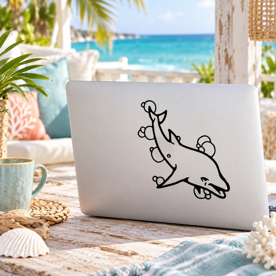 Black line dolphin decal with bubble accents on a white backing