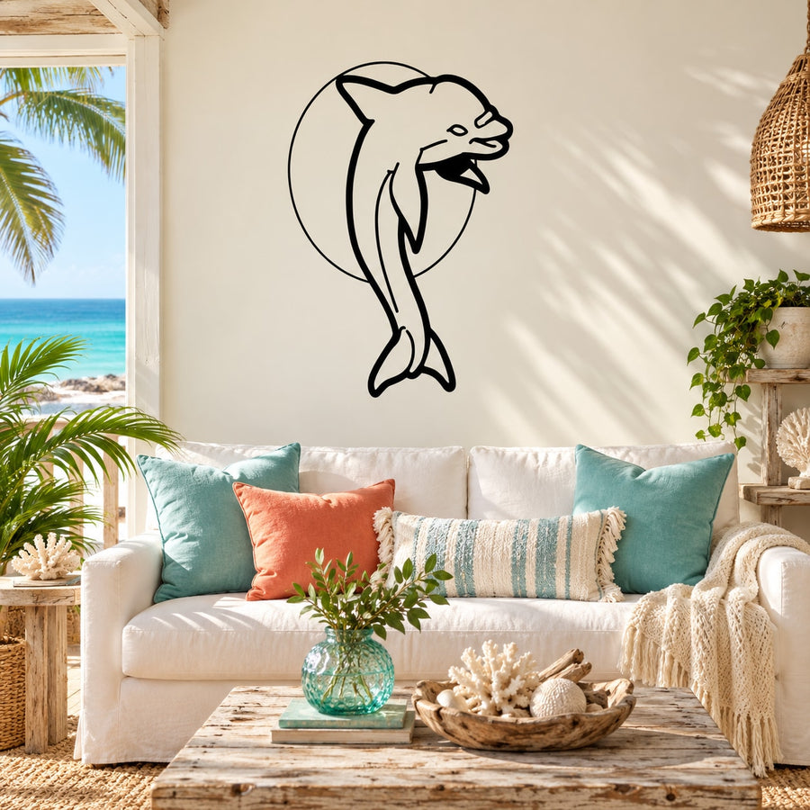 Dolphin and moon pose wall decal, black line art outline