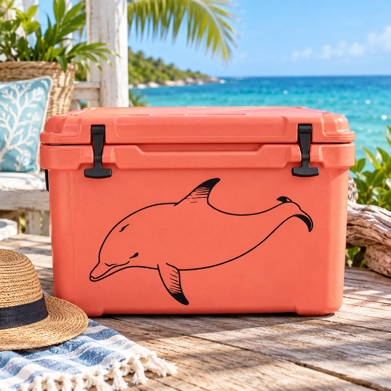 Concentrated dolphin decal on orange cooler, black dolphin graphic