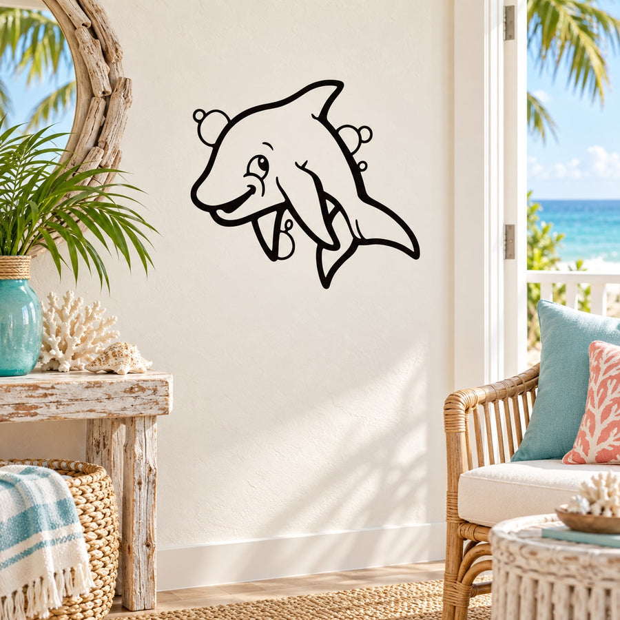 Dolphin wall decal with smiling face and bubble accents, black outline.