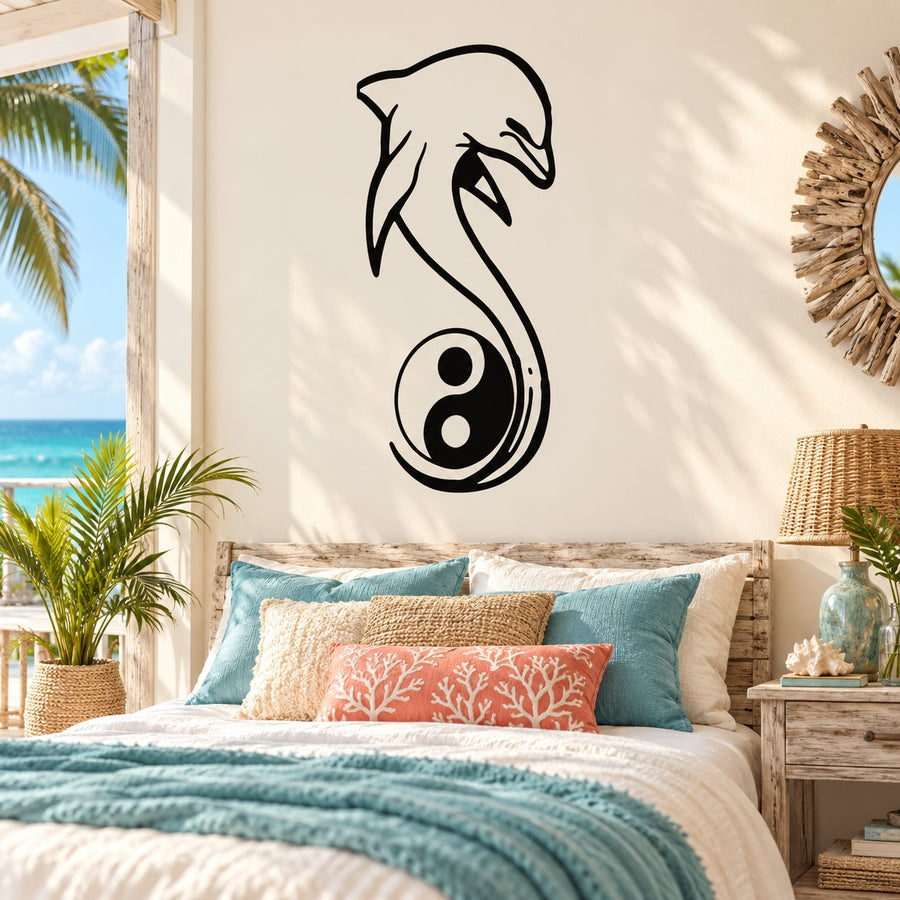Black dolphin and tail yin yang wall decal, bold line art