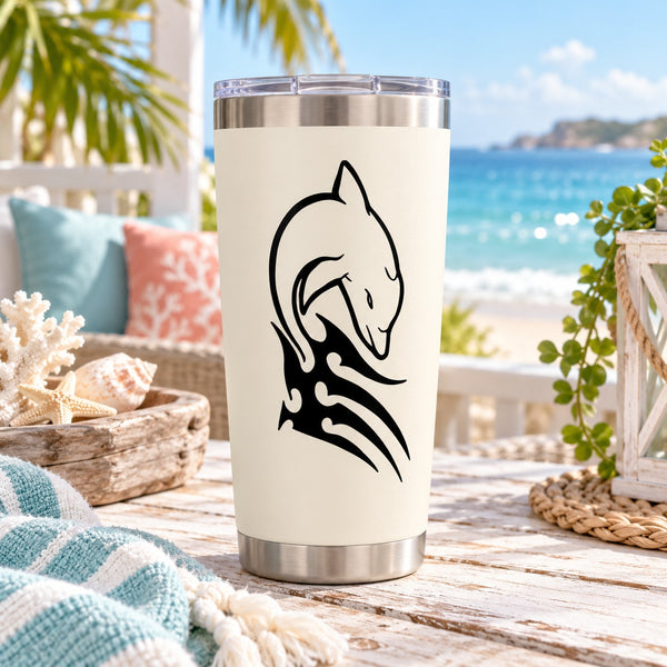 White tumbler with black dolphin decal in mid-jump
