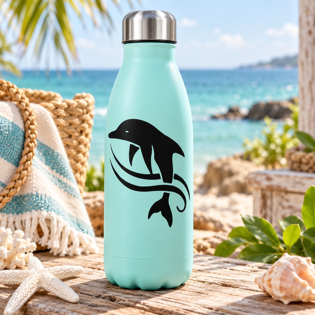 Dolphin and waves decal on teal tumbler