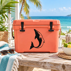 Orange cooler with black dolphin diving up decal sticker