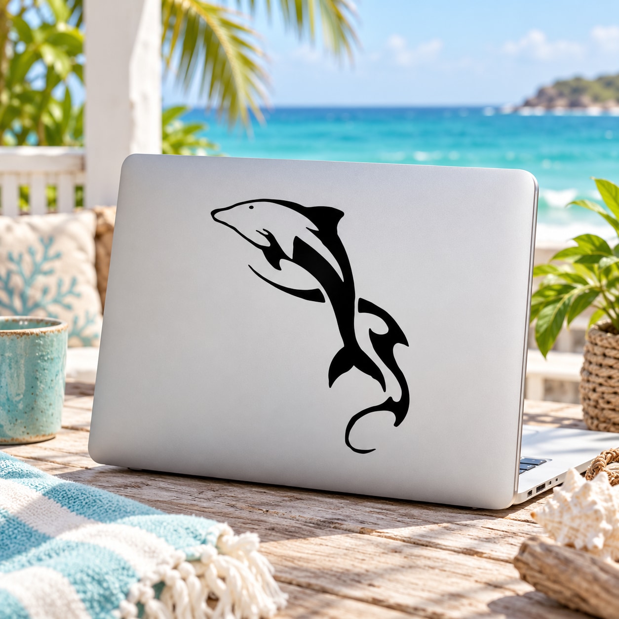Dolphin making waves decal with black dolphin silhouette on light background