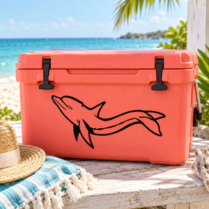 Black sleeping dolphin decal on orange cooler lid