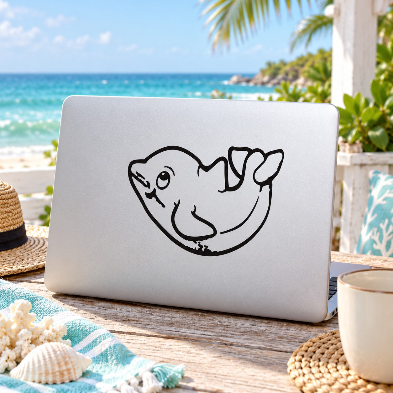 Dolphin decal with cute cartoon line-art design in black on a light laptop lid