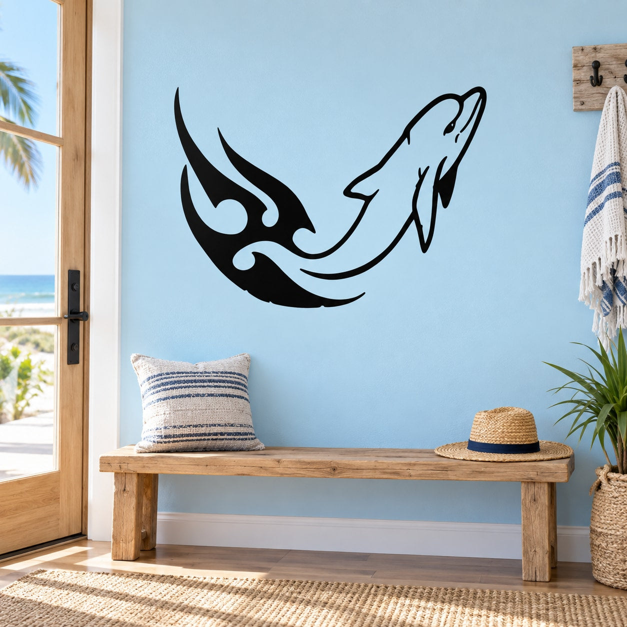 Black dolphin and wave wall decal sticker